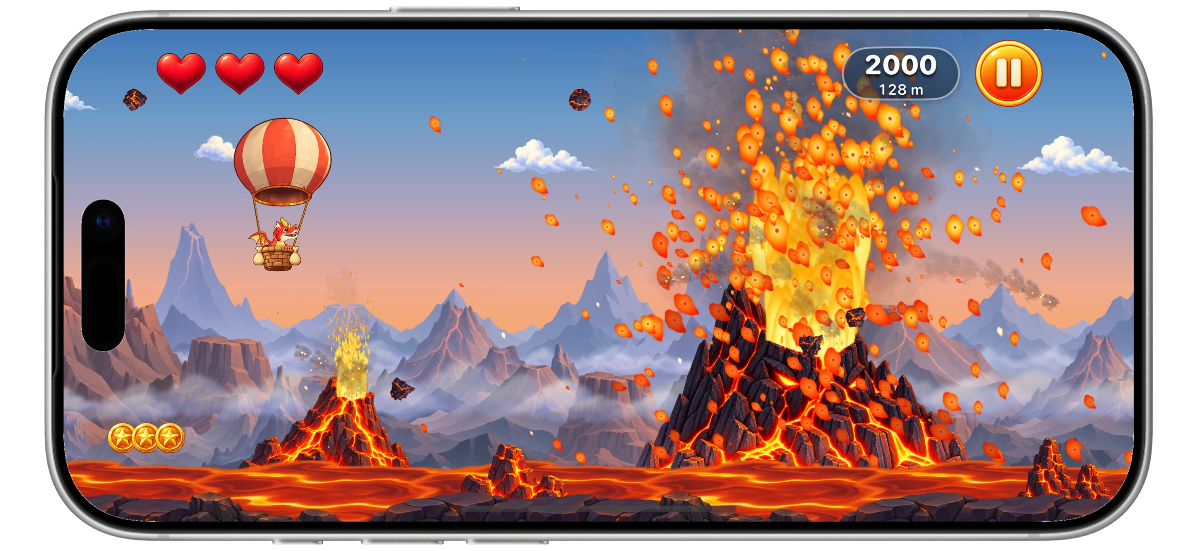 Up In Flames gameplay on iPhone: a little dragon in a hot-air balloon flying above lava beside an erupting volcano.