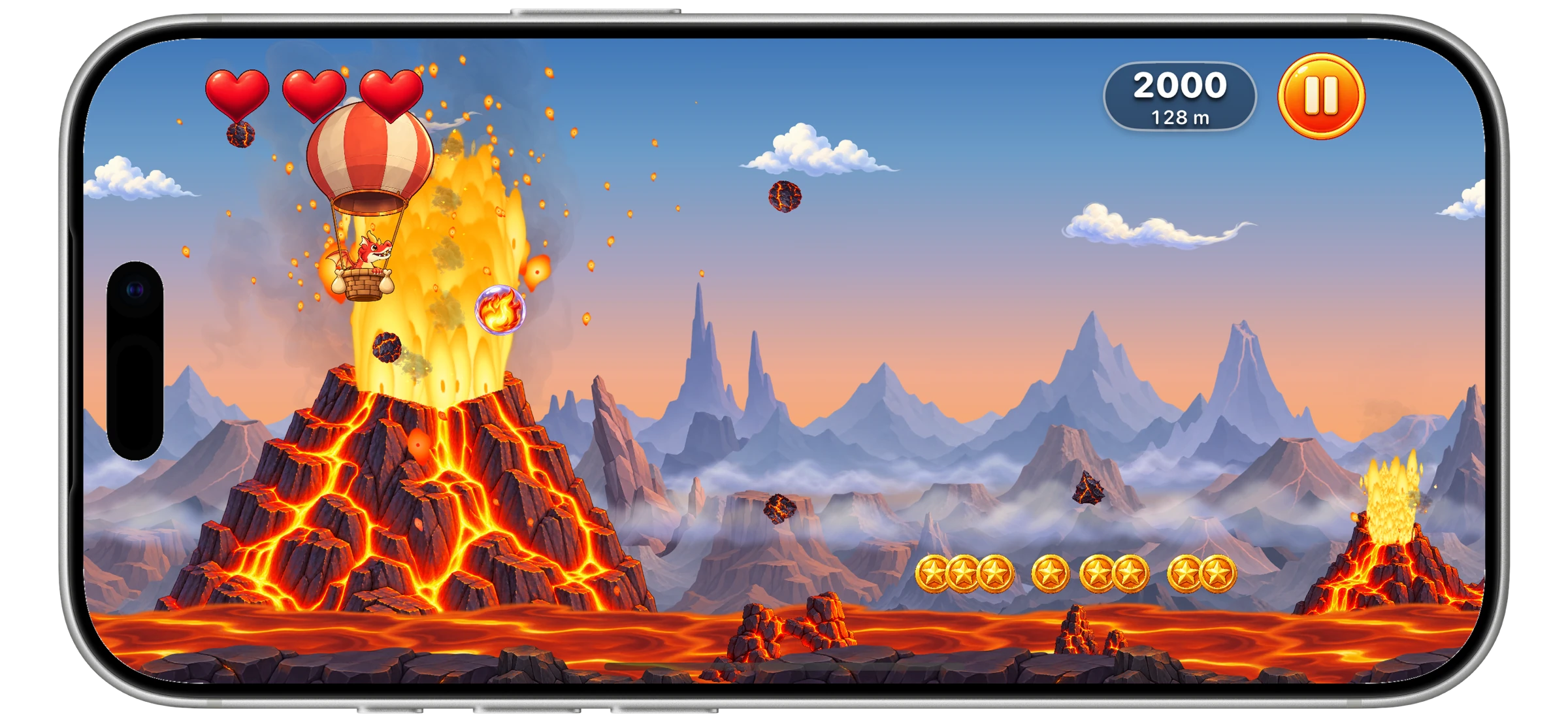 Landscape iPhone gameplay with a balloon above a volcanic eruption, a fire pickup, and a trail of gold coins.